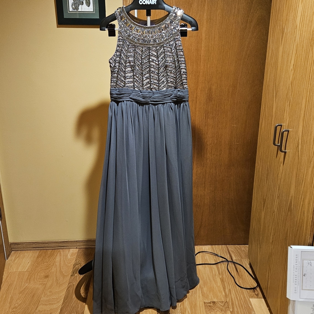 JS Collections Silver Beaded Evening Gown